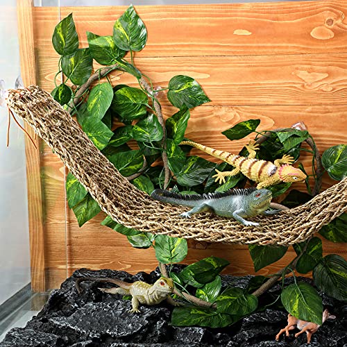 Jetec Large Bearded Dragon Hammock Set, Reptile Hammock with Climbing Vine & Leaves, Extra Large Jungle Climber Vines Habitat Decor with Strong Suction Cups, Terrarium Accessories