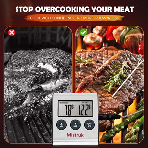 Digital Thermometer for Cooking with Stainless Steel Probe & Timer Alert – Accurate Temperature Control for Grill, Oven & BBQ – Digital Meat Thermometer Instant Read