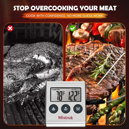 Digital Thermometer for Cooking with Stainless Steel Probe & Timer Alert – Accurate Temperature Control for Grill, Oven & BBQ – Digital Meat Thermometer Instant Read