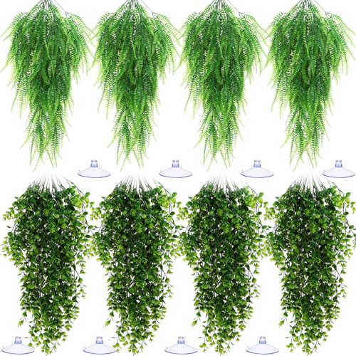 Suncalla 8 Pack Reptile Plants Terrarium Hanging Plant Vine Boston Climbing Terrarium Plant with Suction Cup for Bearded Dragons Lizard Crested Gecko Snake Crab Tank(Classic Series,Light Dark Green) - style: Classic Series