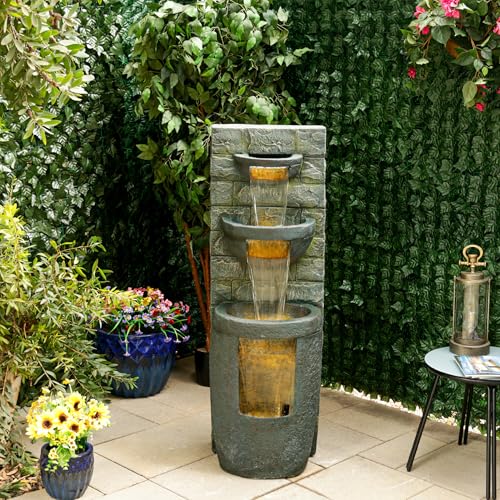 Alpine Corporation TZL384 Outdoor 3 Tier Water Fountain with LED Lights for Garden, Patio, Lawn and Yard Spaces, 51" H, Gray - style: 51"H 3-Tier w/ LEDs