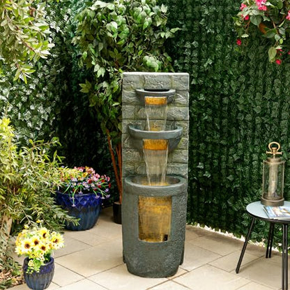 Alpine Corporation TZL384 Outdoor 3 Tier Water Fountain with LED Lights for Garden, Patio, Lawn and Yard Spaces, 51" H, Gray - style: 51"H 3-Tier w/ LEDs