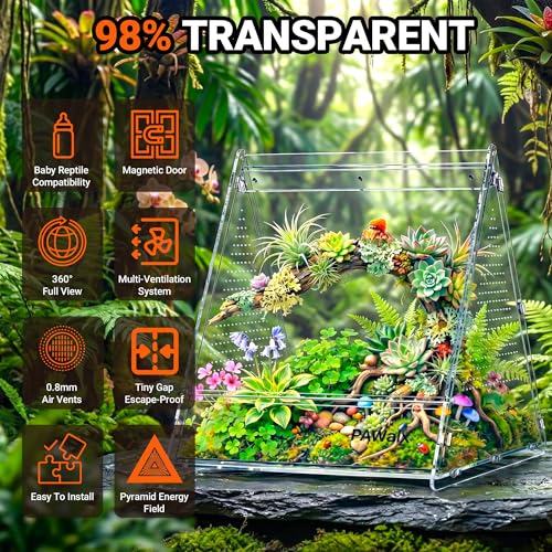 Triangular Jumping Spider Enclosure, Acrylic Terrarium with Magnetic Doors, 0.8mm Micro-Ventilation& Escape-Proof Design for Tarantulas, Lizards, Small Pets, 9.4"x10.9"x10.6" - size: 1pack, 9.4"x10.9"x10.6"