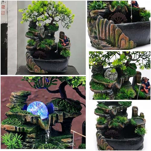 11.81in Rockery Tabletop Fountain Indoor Waterfall Fake Bonsai Desk Decor | Feature Mini Water Fountain Desktop Decor Humidifier with Pump and LED Light, Home Office Bedroom Relaxing (No Atomizer)