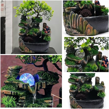 11.81in Rockery Tabletop Fountain Indoor Waterfall Fake Bonsai Desk Decor | Feature Mini Water Fountain Desktop Decor Humidifier with Pump and LED Light, Home Office Bedroom Relaxing (No Atomizer)