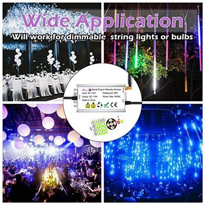 Outdoor Dimmer for String Lights 1500W, IP67 Waterproof/150FT Range/Timer Control/3 Prong Outlet for Outdoor LED String Lights & Incandescent Bulbs, Wireless RF Remote Plug-in Dimmer Switch