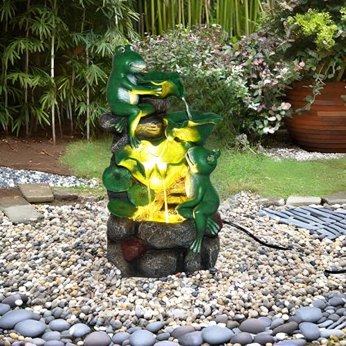 HPC Decor Outdoor 4-Tier Frog Waterfall Fountain with LED Lights for Garden, Patio, Yard, and Porch Décor, 19.9" H (Green)
