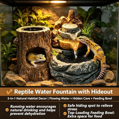 PurifyLogix 3 in 1 Reptile Water Fountain with Food Dish & Hideout, 550ML Reptile Waterfall Drinking Fountain, Reptile Water Dispenser for Bearded Dragon, Gecko, Lizard, Chameleon, Natural Resin