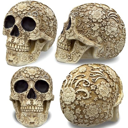 READAEER Life Size Skull Resin Floral Human Skull Model Adult Head Bone Model Day of The Dead Décor - style: Floral