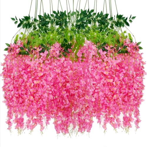 Artificial Wisteria Hanging Flowers Fake Wisteria Flower Garland Silk Vines Rattan Decor for Home Wedding Arch Wall Garden Greenery Bedroom Outdoor Office Party Decoration (12, Dark Pink) - color: Dark Pink
