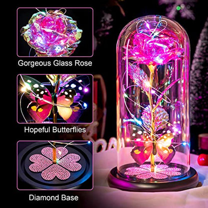 Mothers Day Mom Gifts for Mom Women Birthday Gift Galaxy Glass Rose in Glass Dome Forever Eternal Crystal Flowers with Butterfly Mother's Day Flowers Gifts for Women Wife Grandma Daughter Sister Pink - color: D Pink