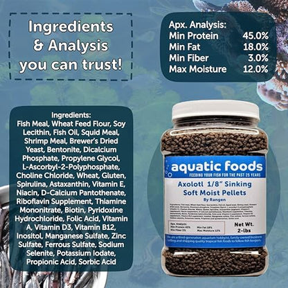 Axolotl Food, 1/8" Soft Moist Sinking Pellets, Rangen's Salmon Meal Pellets for Small Axolotl. Also Shrimp, Snails, Crabs, Bottom Fish, All Tropical Fish...11oz Small Jar