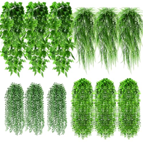 Daifunli 12 Pcs Artificial Hanging Plants Fake Hanging Ferns Plastic Faux Plants for Wall Room Garden Garland Indoor Outdoor Decor No Basket (Boston,Eucalyptus,Ivy Vine,String of Pearls) - style: Boston, Eucalyptus, Ivy Vine, String of Pearls