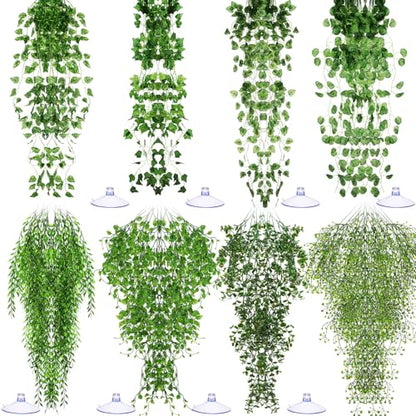Suncalla Reptile Plants Terrarium Hanging Plants Vines Boston Climbing Terrarium Plant with Suction Cup for Bearded Dragons Lizards Crested Gecko Snake Crab Tank(Petite Leaf Series,Multiple Green) - style: Petite Leaf Series