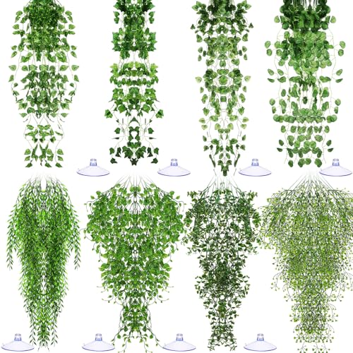Suncalla 8 Pack Reptile Plants Terrarium Hanging Plant Vine Boston Climbing Terrarium Plant with Suction Cup for Bearded Dragons Lizard Crested Gecko Snake Crab Tank(Petite Leaf Series,Multiple Green) - style: Petite Leaf Series