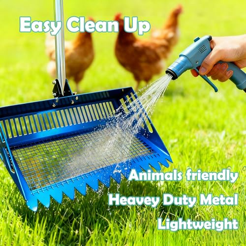Chicken Poop Scooper & Rake 2-in-1, 15" Extra Large Stainless Steel Litter Scoop, 21"-76" Adjustable Handle, Chicken Coop Cleaner for Sand, Pet Waste & Litter Sifting - color: blue