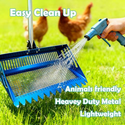 Chicken Poop Scooper & Rake 2-in-1, 15" Extra Large Stainless Steel Litter Scoop, 21"-76" Adjustable Handle, Chicken Coop Cleaner for Sand, Pet Waste & Litter Sifting - color: blue