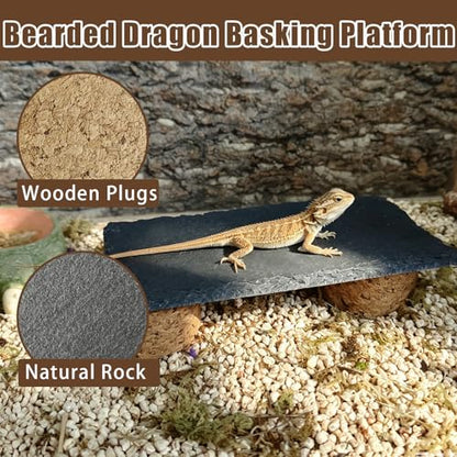 Bearded Dragon Basking Rock Platform,Reptile Basking Slate Rock with Wooden Stump,Leopard Gecko Hides and Caves Tank Accessories for Lizards,Snakes,Turtle,Ball Pythons