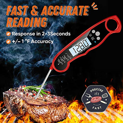 Instant Read Meat Thermometer for Grill and Cooking, Fast & Precise Digital Food Thermometer with Backlight, Magnet, Calibration, and Foldable Probe for Kitchen, Outdoor Grilling and BBQ!… - color: Red - Black