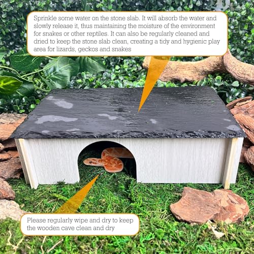 PINVNBY Large Bearded Dragon Basking Platform, Wooden Snake Hide, Ball Pythons Hide with Slate Rock, Leopard Gecko Tank Accessories for Geckos, Crested Gecko Chameleon Turtles (L: 11.8x7.87 inches) - size: L: 11.8x7.87 inches