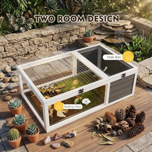 39.5" Wood Tortoise House Indoor Outdoor Turtle Habitat - XL Small Animal Hutch with 3 Acrylic Windows, Waterproof Pull-Out Tray & Sleeping Area for Lizards, Geckos, Snakes, Grey