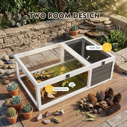 39.5" Wood Tortoise House Indoor Outdoor Turtle Habitat - XL Small Animal Hutch with 3 Acrylic Windows, Waterproof Pull-Out Tray & Sleeping Area for Lizards, Geckos, Snakes, Grey