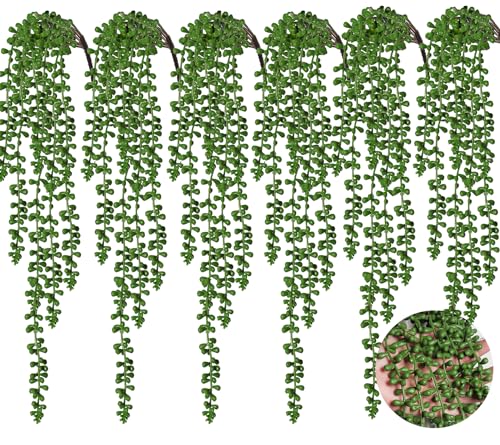 RECUTMS 6pcs Artificial Hanging Succulents Fake String of Pearls Plant Faux Greenery Wall Plants for Spring Summer Indoor Outdoor Home Bedroom Patio Garden Wedding Graduation Party Decor - color: Green-6pcs