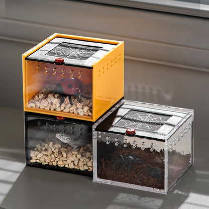 Black Acrylic Spider Feeding Box, Small Insect Breeding Enclosure, Semi-Concealed Cage with Sliding Web Lid, Hand-Held Observation Terrarium for Small Reptiles, Jumping Spiders Enclosure and Scorpions