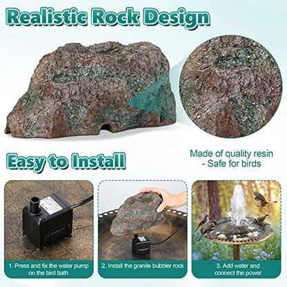 Dreyoo Fountain for Bird Bath, Red Moss Resin Granite Water Fountain Rock with 7W Water Pump, Bird Bath Fountains for Hummingbird Birdbath, Bird Feeder, Small Aquarium, Fish Tank - style: Red Rock