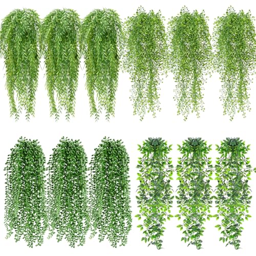 Daifunli 12 Pcs Artificial Hanging Plants Fake Hanging Ferns Plastic Fake Plant for Wall Room Garden Garland Indoor Outdoor Decor No Basket (Mandala, Willows, Fuchsia, String of Pearls) - style: Mandala,Willows,Fuchsia,String of Pearls