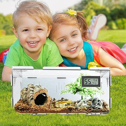 Reptile Terrariums, with Temperature Hygrometer, 15.7"x9.9"x7.1"Acrylic Reptile Breeding Box Terrarium Cage Tank for Small Reptile Insect Home Office - size: Terrestrial L (No Tray)