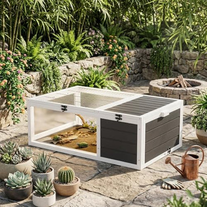 39.5" Wood Tortoise House Indoor Outdoor Turtle Habitat - XL Small Animal Hutch with 3 Acrylic Windows, Waterproof Pull-Out Tray & Sleeping Area for Lizards, Geckos, Snakes, Grey