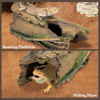 Fhiny Reptile Hides and Caves Resin Hollow Tree Trunk for Terrarium Lizard Hideout Aquarium Fish Hideaway Gecko Tank Accessories for Lizards Chameleons Bearded Dragons Hermit Crabs Frogs (Large)