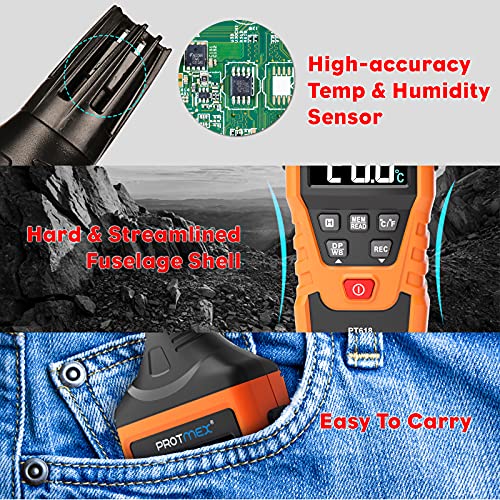 Protmex PT618 Temperature Humidity Meter, Thermometer Hygrometer Monitor with Ambient, Dew Point, Wet Bulb for Indoor/Outdoor MIN, MAX, Data Hold, LCD Backlight - size: PT618