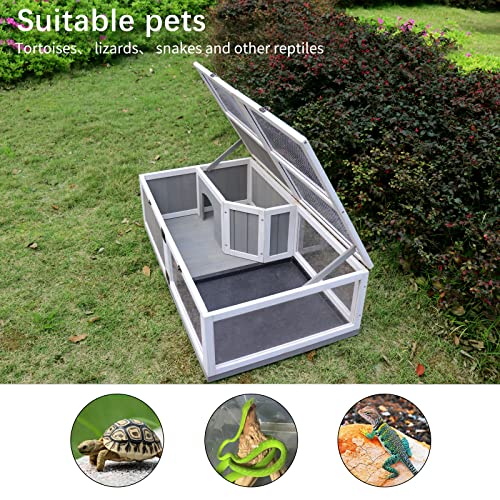 Tortoise Habitat with Waterproof Activity Tray Rest Game Compartments Metal Latch Top Galvanized Mesh Small Animals Outdoor Wooden Reptile Cage 43.1x24x12.8 Inches Grey