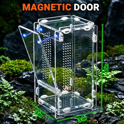 Jumping Spider Enclosure, Acrylic Terrarium with with Magnetic Doors, 0.8mm Micro-Ventilation, Stackable Escape-Proof Habitat for Jumping Spiders, Tarantulas & Small Reptiles, 3”x3”x6” - size: 1Pack, 3”x3”x6”