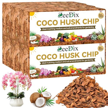 Zeedix 6 Pack Coco Husk Chips for Plants, 6.6LB | 100% Organic Coconut Chips Mulch with Low EC & PH Balance, Indoor Plant Flowers Herbs Vegetables, Reptiles Tanks Substrate - color: 6 pack