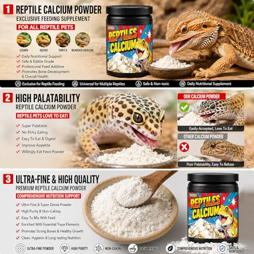 Reptile Calcium Powder with D3-2oz Fine Grind for Bearded Dragons, Leopard Geckos & Tortoises | Essential Vitamin Supplement for Bone Health & Strong Shells
