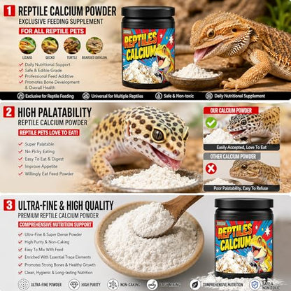 Reptile Calcium Powder with D3-2oz Fine Grind for Bearded Dragons, Leopard Geckos & Tortoises | Essential Vitamin Supplement for Bone Health & Strong Shells