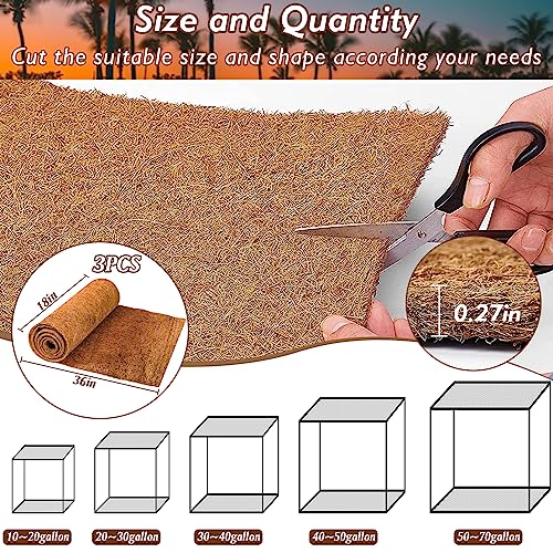 ZeeDix 3 Rolls Reptile Mat, 18 x 36 inches Natural Coconut Fiber Liner Mat Flooring Accessories for Reptile Tank - Bearded Dragon Tortoise Lizard Turtle Snake Leopard Gecko Substrate Bedding - size: 3 Pcs (18X36in)