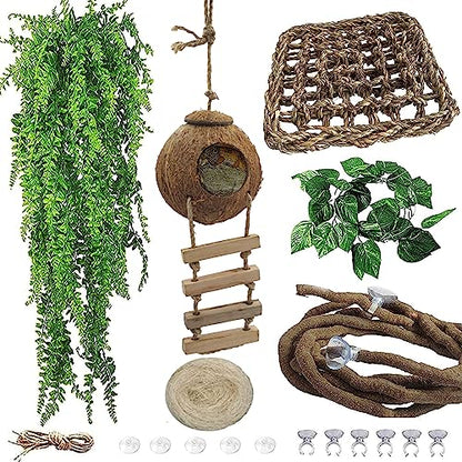 6PCS Crested Gecko Coconut Hut, Lizard Coco Den with Ladder and Reptile Hammock Bearded Dragon Tank Accessories Climbing Hanging Plants Jungle Vine Flexible Reptile Leaves Decor - style: 【Style B】