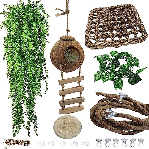 6PCS Crested Gecko Coconut Hut, Lizard Coco Den with Ladder and Reptile Hammock Bearded Dragon Tank Accessories Climbing Hanging Plants Jungle Vine Flexible Reptile Leaves Decor - style: 【Style B】