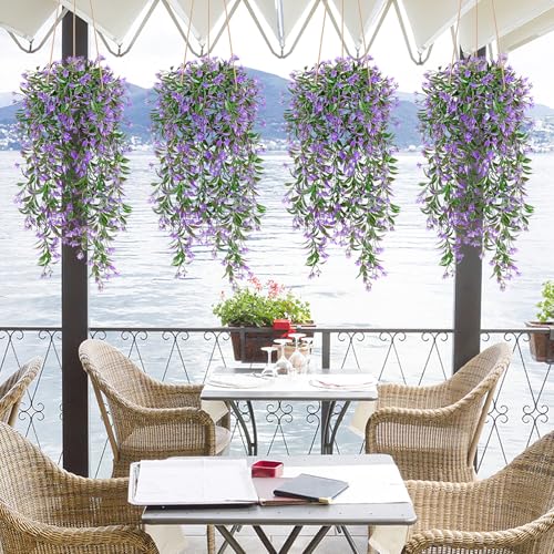 TOCHGREEN 4Pcs Artificial Hanging Plants Fern Vine, Faux Plastic Plants Fake Ivy Vine Greenery Garland with Purple Flower, Outdoor Indoor Decorations for Living Room Balcony Garden Wall Home Decor