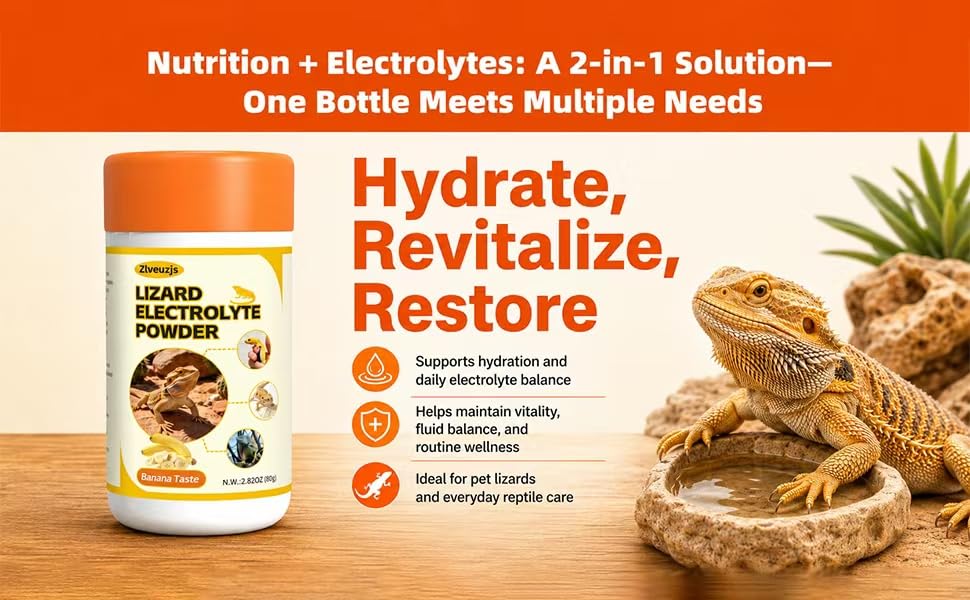 Lizard Electrolyte Powder – 2.82 oz (80 g) – Relieves Dehydration in Bearded Dragons and Geckos – Can be Administered orally or Added to Water (Banana Flavor)