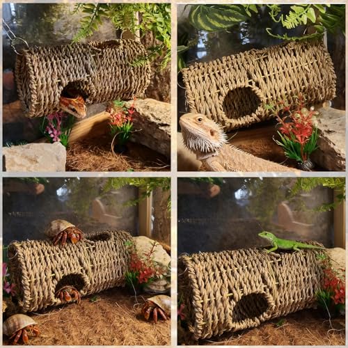 Reptile Hide Cave,Hanging Seagrass Fiber Bearded Dragon Hammock Swing Climbing Toys with Plants Decor,Gecko Hideout Hollow Cave Tank Accessories for Lizard Snake-Round - size: Round:7.87*3.94*3.94"