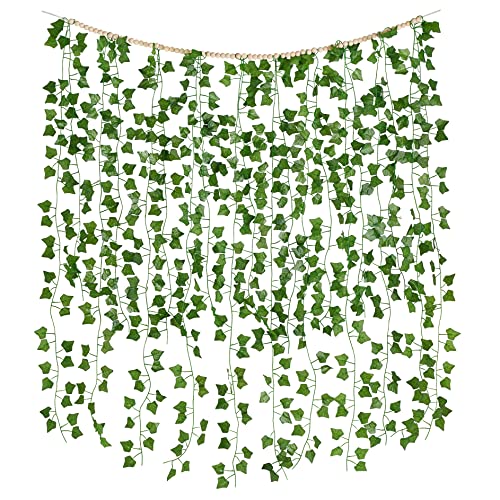 Mkono Hanging Fake Vines for Bedroom Wall Decor Artificial Plant Leaves with Wood Beads Set Indoor Greenery Ivy Garland for Living Room Apartment Christmas Wedding Party Teen Girl Room - size: Medium