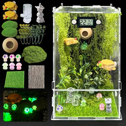 Jumping Spider Enclosure,DIY Insects Habitat,Small Reptile Terrarium Glass House Accessories Set,with Temperature and Humidity Detector Water Feeder Platform Hide,5.5“x5.5”x9.5“ (Forest) - color: Forest