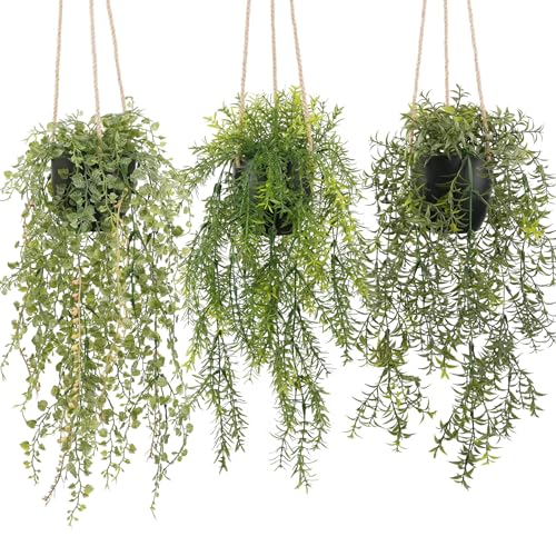 3 Packs 18.5" Fake Hanging Plants with Black Pots for Wall Decor | Artificial Mandala Vine, Indoor/Outdoor Use, for Home Bathroom Bedroom Office Decor, Easy to Clean, Lifelike Appearance - color: Black Pots, size: 032