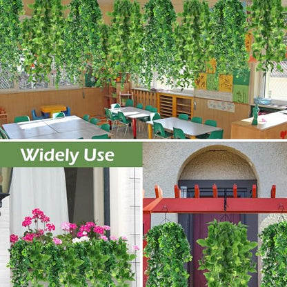 Hoteam 12 Pcs Artificial Hanging Plants 32 Inch Fake Ivy Vines with Fake Leaves Patio Artificial Plants Greenery for Living Room Indoor Outdoor Wall, No Basket (Pothos,Eucalyptus) - color: Pothos, Eucalyptus