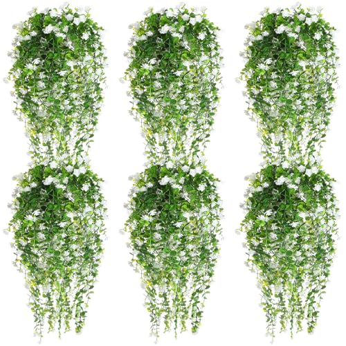 Hotop 6 Pcs Ferns Artificial Hanging Plants Vine Hanging Fake Plants Faux Ferns Indoor Outdoor Ivy Wall Decor Greenery Vine with Flower for Room Wedding Fall Decoration(White) - color: White